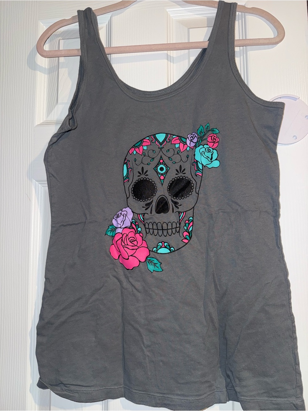 No Boundaries Gray Tank Top with Colorful Sugar Skull Floral Graphic